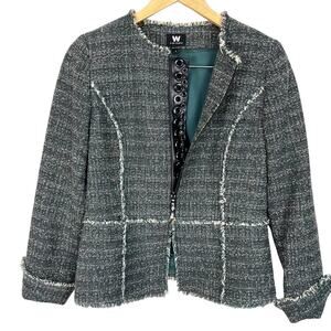 W by Worth Women's Green Tweed Blazer Sz 6 Leather Inset Zipper Fringe